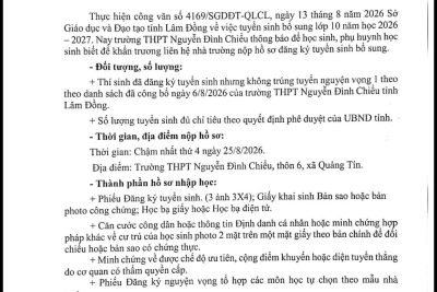 Thông báo tuyển sinh vào lớp 10 (bổ sung). Chi tiết đọc văn bản.